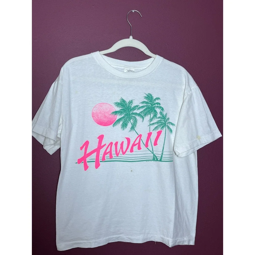 Vintage Caribbean Dream Hawaii T Shirt White Neon Pink Palm Tree Single St